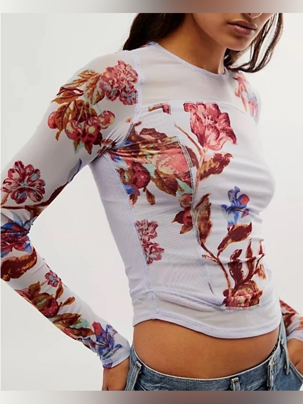 Free People Sheer Floral Mesh Long Sleeve Top Lavender Size L